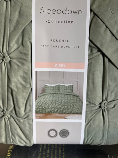 Rouched Seersucker Green King Size Duvet Cover & 2 Pillowcases Beautiful